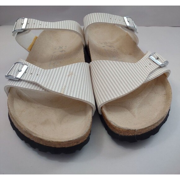 Birkenstock Birki's Sandals Women's Size 38/7 Tan White Striped Aziza - Picture 2 of 10